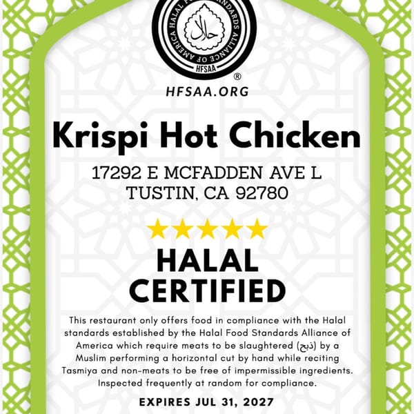 A Halal certification for Krispi Hot Chicken, displaying a five-star rating and compliance details.