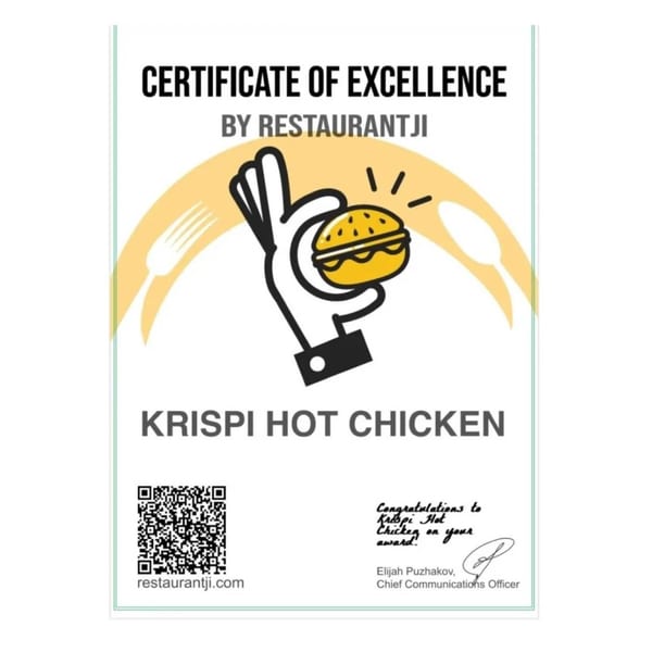 Certificate of Excellence from Restaurantji awarded to Krispi Hot Chicken, featuring a hand holding a burger.