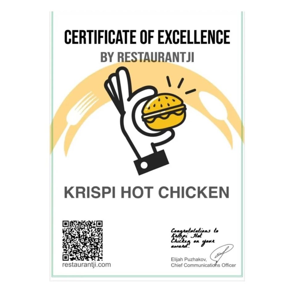Certificate of Excellence from Restaurantji awarded to Krispi Hot Chicken, featuring a hand holding a burger.