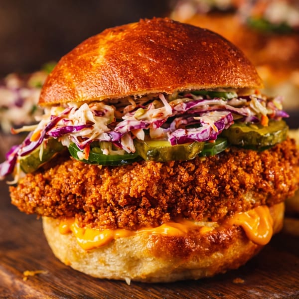 Crispy fried chicken sandwich with coleslaw, pickles, and spicy sauce on a brioche bun.