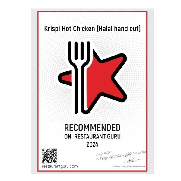 Krispi Hot Chicken's 2024 Restaurant Guru recommendation certificate, featuring a fork and star logo.