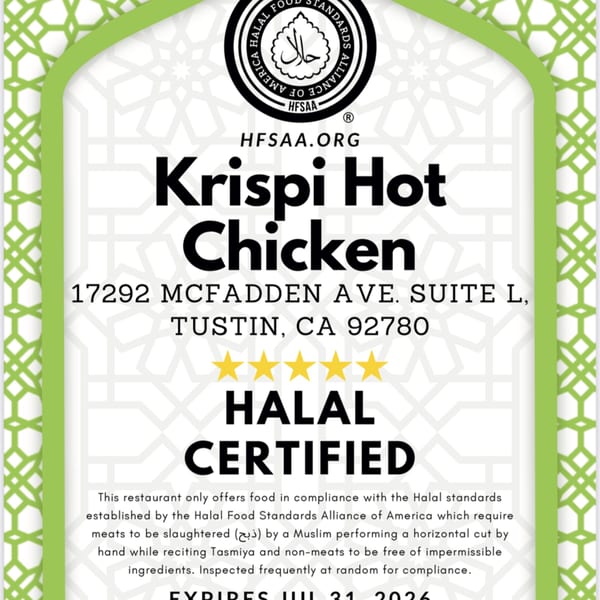 Krispi Hot Chicken's Halal Certified sign with address and details on a green and white background.